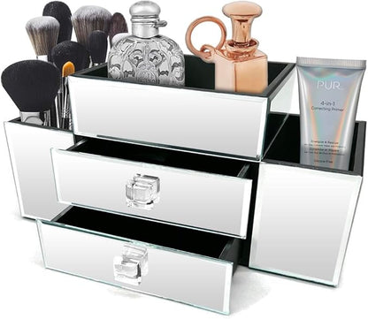 OnDisplay Emma 2 Drawer Tiered Mirrored Glass Makeup/Jewelry Organizer - Mirror Beauty Station - Perfect for Vanity, Bathroom Counter, or Dresser (Silver)