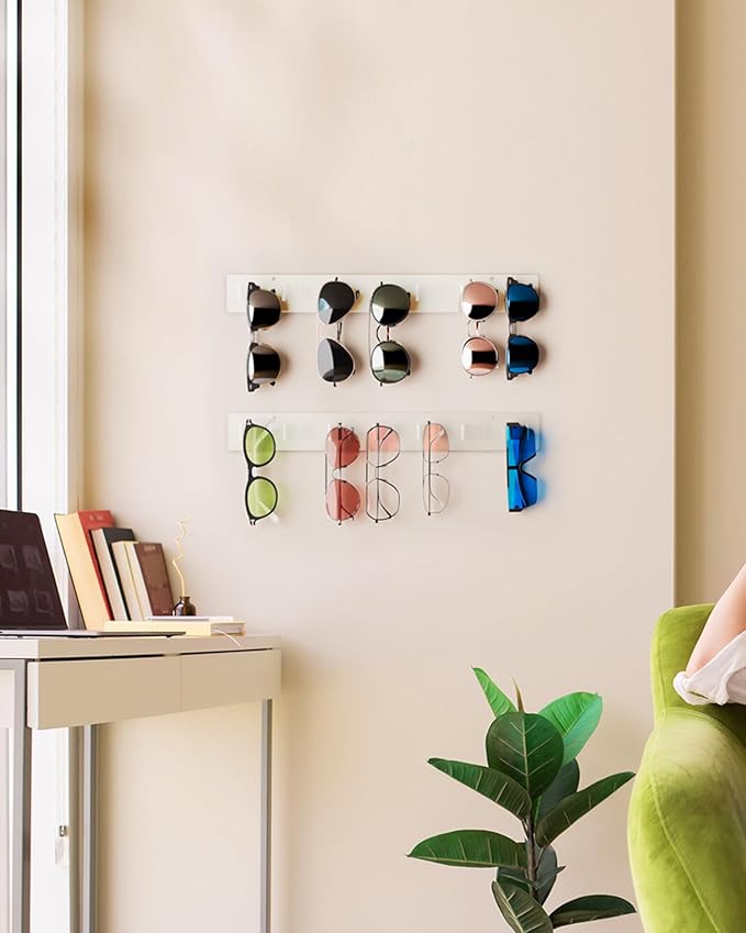 MaxGear Sunglasses Organizer Wall Mount, 4-Pack Acrylic Eyewear Display Holder with 28 Slots, for Glasses/Sunglasses Storage, Includes Adhesive Tape & Screws, Clear Wall Mounted Shelf for Closet, Door