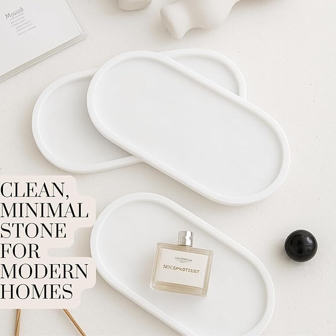 White Marble Oval Bathroom Vanity Tray – 12”x6” Marble Tray for Countertop, Perfume & Jewelry Display | Solid 2cm Thick Stone Tray