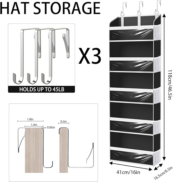 KYEVIS Over the Door Hat Organizer for Baseball Caps, Hold up to 60 Hats Rack Storage for Door/Closet/Wall, Clear Pockets Hanging Hat Holder for Baseball Caps with 10 Mesh Pockets, Grey