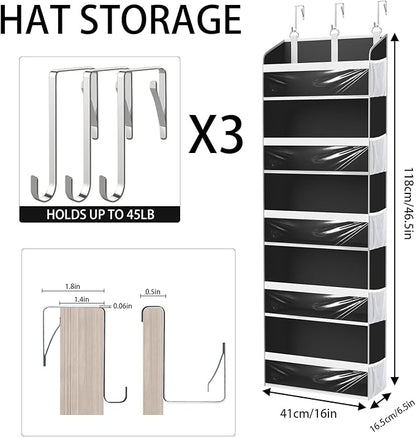 KYEVIS Over the Door Hat Organizer for Baseball Caps, Hold up to 60 Hats Rack Storage for Door/Closet/Wall, Clear Pockets Hanging Hat Holder for Baseball Caps with 10 Mesh Pockets, Grey