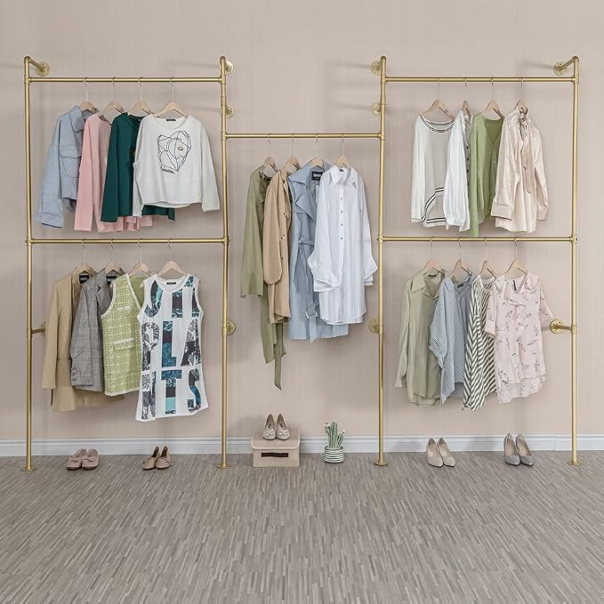 Industrial Pipe Clothing Rack Wall Mounted 5 Hanging Rods Garment Bar, Heavy Duty Closet Storage Rod Vintage Commercial Clothes Racks for Hallway Retail Boutique (Gold)