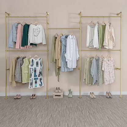 Industrial Pipe Clothing Rack Wall Mounted 5 Hanging Rods Garment Bar, Heavy Duty Closet Storage Rod Vintage Commercial Clothes Racks for Hallway Retail Boutique (Gold)
