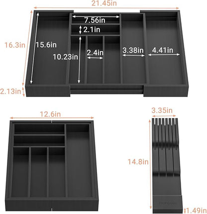 TIOPGHAD Bamboo-Silverware-Drawer-Organizer-Kitchen, Expandable Utensil Holder Cutlery Tray Flatware Organization Adjustable Wood Tableware Dividers Storage (with Removable Knife Block)(Black)