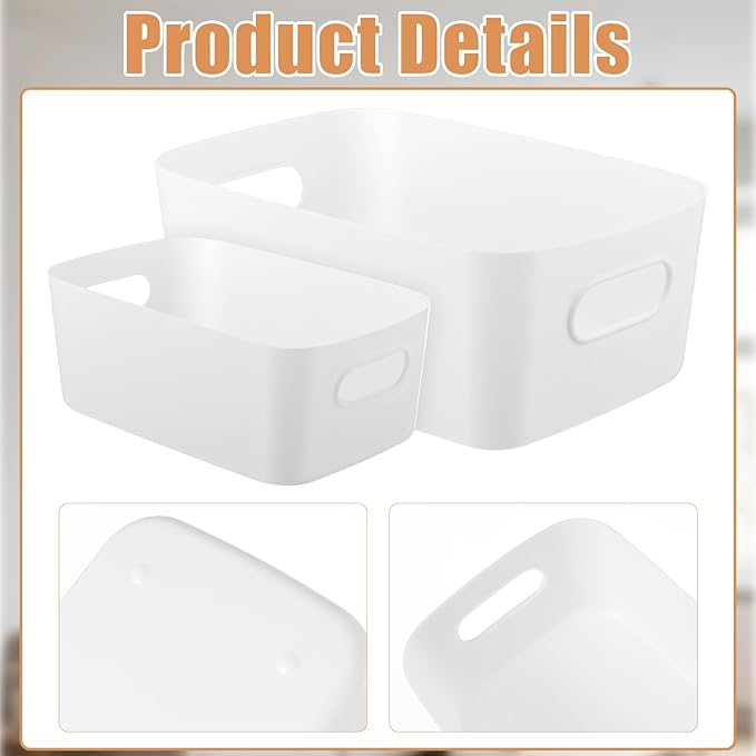 8 Pack White Plastic Storage Bins Multi-Use Small Organizer Bins Containers with Handles for Pantry, Cabinet, Under Sink, Kitchen, Bathroom & Office, 2 Sizes