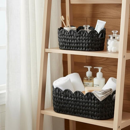 Coeusy Wicker Scalloped Basket Set of 2,Woven Storage Baskets for Shelves,Closet,Laundry,Gift,Towels,Books,Toys,Waterproof Decor Basket for Organizing,Black Oval