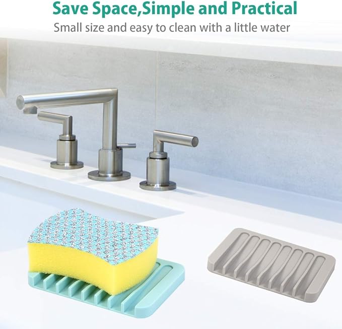 3PCS Self Draining Soap Holder, Premium Silicone Soap Dish, Soap Saver for Shower, Bathroom, Kitchen, Bath Tub, Sponges,Keep Soap Bars Dry Clean,Easy Clean,Extend Soap Life (Grey)