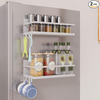 Magnetic Spice Rack for Refrigerator, 2 Pack Magnetic Shelf, Fridge Magnet Organizer with Moveable 6 Hooks, Magnetic Fridge Shelf for Kitchen Organization and Storage(White, 2 Pack)