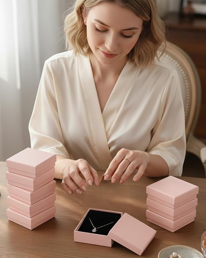 Rocutus Jewelry Gift Boxes for Necklace, Earring, Ring - Cotton Filled Cardboard Paper Jewelry Box Gift Cases for Wedding, 12 Pack Engagement, Gift Packaging, Luxury Jewelry Box, Ring Box (Pink)