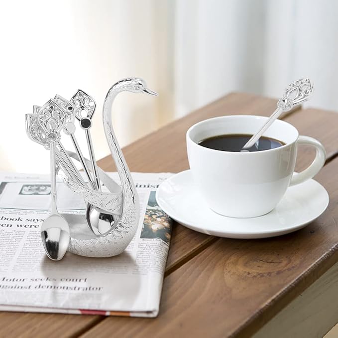 Coffee Spoon Set With Holder, Swan Spoon & Fork Holder, Elegant and Charming Decorative Spoons Organizer Serving Kit, Durable Spoons Coffee Station Storage Organizer(COLOR:Silver)