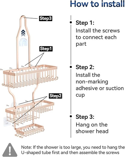 YASONIC Shower Caddy Hanging - Never Rust Shower Organizer - Aluminum over The shower head caddy with 10 Hooks for Razor/Sponge - Shower Rack with Soap Basket - Rose Gold