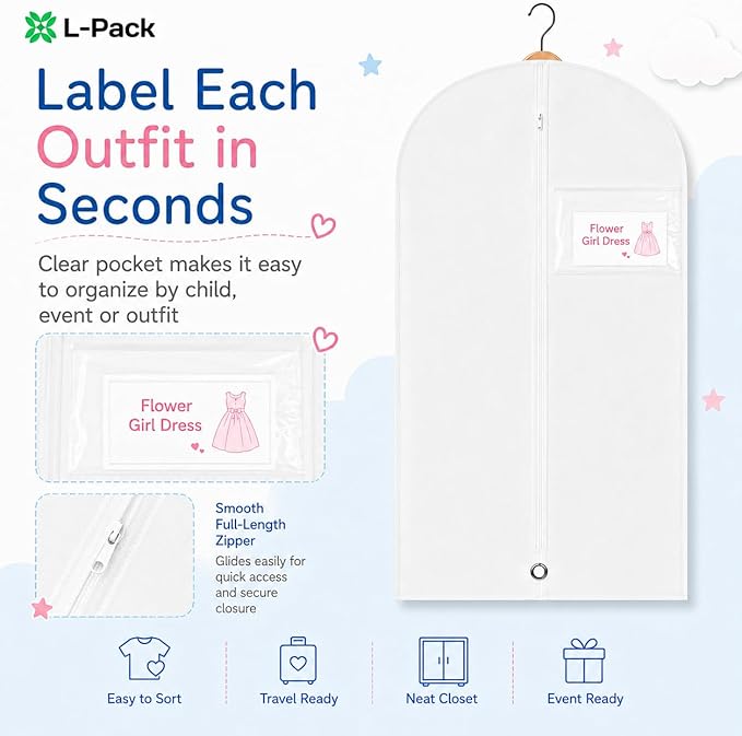 Kids Garment Bag for Hanging Clothes, Travel Garment Bag for Dresses, Dance Costumes & Suits, Breathable Clothes Cover for Baby Toddler Child, White, 30" x 18"
