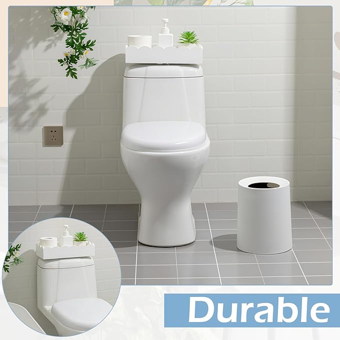 AceOrbit Toilet Paper Basket Storage Scalloped Wooden Toilet Tank Tray Topper Farmhouse White Bathroom Storage Organizer for Bedroom Vanity Kitchen Countertop Dresser Shelf Table Home Decor