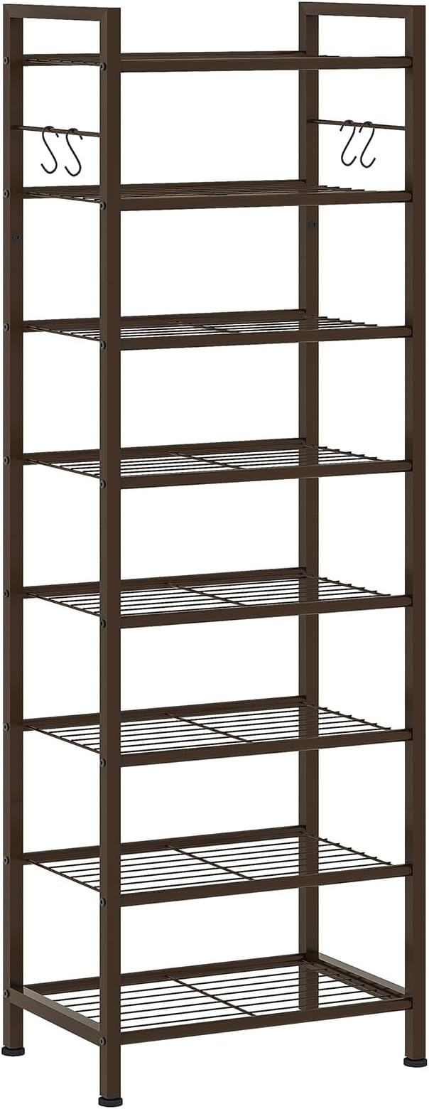 usikey 8 Tiers Narrow Shoe Rack 16-24 Pairs, Sturdy Metal Tall Shoe Rack with 4 Hooks, Slim Shoe Storage Organizer with Metal Shelf, Space Saving Vertical Shoe Shelf for Entryway BronzeUNYXJX016A
