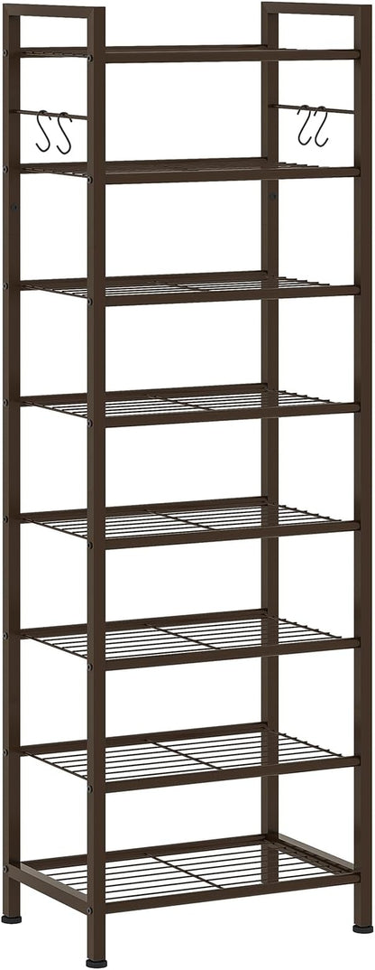 usikey 8 Tiers Narrow Shoe Rack 16-24 Pairs, Sturdy Metal Tall Shoe Rack with 4 Hooks, Slim Shoe Storage Organizer with Metal Shelf, Space Saving Vertical Shoe Shelf for Entryway BronzeUNYXJX016A