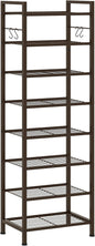 usikey 8 Tiers Narrow Shoe Rack 16-24 Pairs, Sturdy Metal Tall Shoe Rack with 4 Hooks, Slim Shoe Storage Organizer with Metal Shelf, Space Saving Vertical Shoe Shelf for Entryway BronzeUNYXJX016A