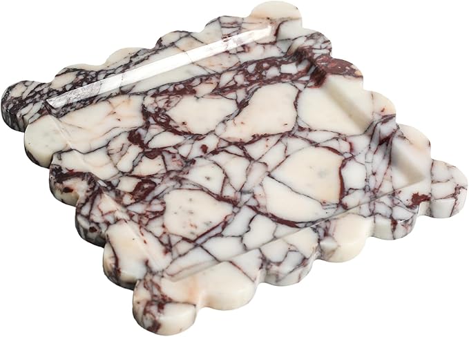 Natural 100% Marble Vanity Tray Luxury Scalloped Marble Storage Square Rectangle Tray for Home Decor Stone Tray for Bathroom Kitchen Candle Key (Square-9.8 * 9.8-Calacatta Viola)