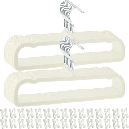 Pants Hangers Space Saving, 30 Pack Velvet Hangers for Closet with 30 Hooks, Strong Durable Non Slip Slim Clothes Hanger, Ultra Soft Flocked Hanger for Pants, Shirts, Bra, Shorts (Cream)