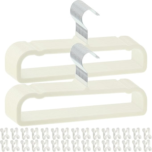 Pants Hangers Space Saving, 30 Pack Velvet Hangers for Closet with 30 Hooks, Strong Durable Non Slip Slim Clothes Hanger, Ultra Soft Flocked Hanger for Pants, Shirts, Bra, Shorts (Cream)