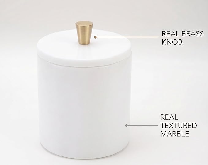 Real White Marble Qtip Holder with Lid and Copper Knob – Round Cotton Swab Container for Bathroom Vanity – Natural Stone Organizer with Rubber Feet – 4.3" Dia x 5.3" H (11 x 13.5 cm), 3.3 lbs