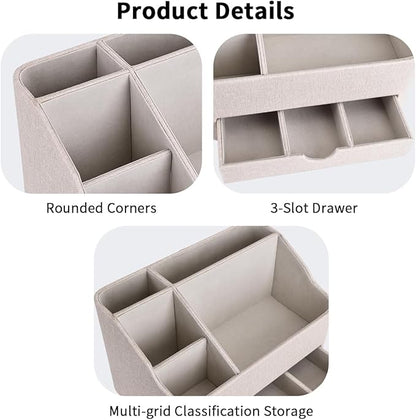 KINGFOM Leather Makeup Organizer with Drawer, Cosmetic Storage for Dresser Countertop and Bathroom Vanity, Beauty Holder for Lipstick Brush Skincare (Beige)