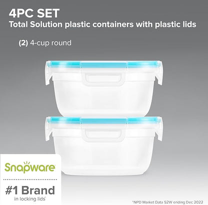 Snapware Plastic Total Solution 2-Pack (4-Cup) Food Storage Containers Set, Leakproof & Airtight Plastic Locking Lids Round Tupperware, Non-Toxic BPA-Free Lids, Microwave Dishwasher Freezer Safe