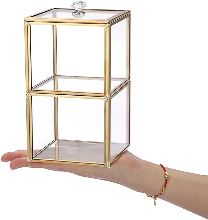 Hipiwe Glass Qtip Holder Dispenser with Lid 2-Tier Stackable Bathroom Containers Cotton Ball & Swab Holder Vanity Organizer Jars Gold for Makeup Pads