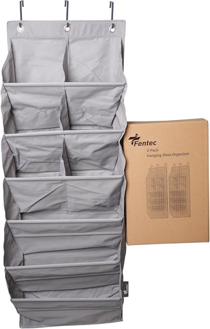 FENTEC 2 Pack Over the Door Shoe Organizer, Hanging Shoe Organizer, 6-Tier Large Deep Pockets Door Shoe Rack with 3 Hooks Shoe Organizer for Shoes, Sneakers, and Home Accessories, Grey