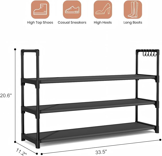 VILICK Shoe Rack for Closet Shoe Organizer Space Saver Storage for 12-15 Pair Shoe Shelf with Hook Free Standing 3 Tier Shoe Rack Organizer for Entryway, Small Spaces, Black