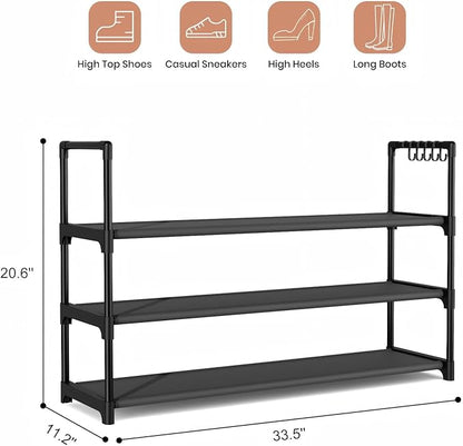 VILICK Shoe Rack for Closet Shoe Organizer Space Saver Storage for 12-15 Pair Shoe Shelf with Hook Free Standing 3 Tier Shoe Rack Organizer for Entryway, Small Spaces, Black
