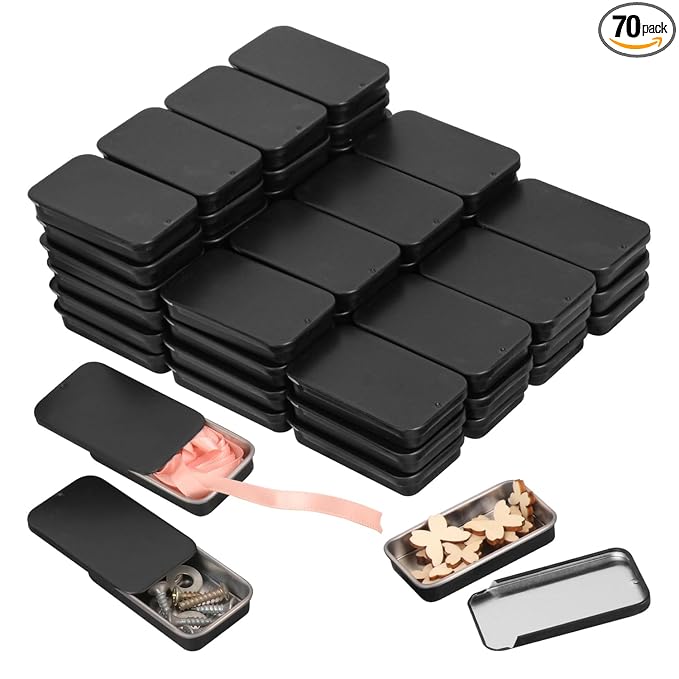 70 Pack Black Slide Top Metal Tin Containers, Mini Metal Tin Box with Slide Lid, Empty Lip Balm Containers for DIY Projects, Pills, Candies, Jewelry (2.36 x 1.34 x 0.43 Inch)