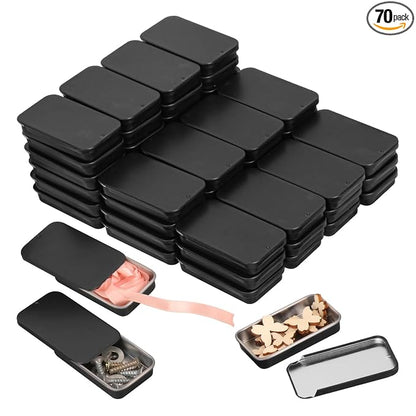 70 Pack Black Slide Top Metal Tin Containers, Mini Metal Tin Box with Slide Lid, Empty Lip Balm Containers for DIY Projects, Pills, Candies, Jewelry (2.36 x 1.34 x 0.43 Inch)