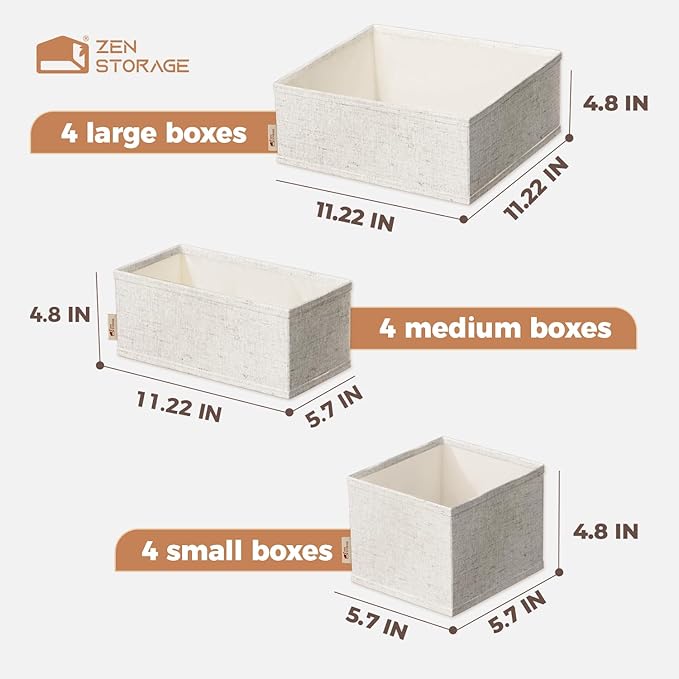 Cotton Linen Drawer Organizer for Baby Clothes, 12Pack Multi-Size Nursery Dresser Dividers for Clothes, Premium Foldable Storage Bins for Bedroom, Closet and Diaper Table, Beige