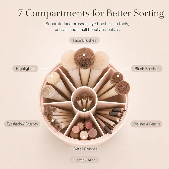 EACHY Makeup Brush Holder 360° Rotating with Dustproof Lid, Waterproof Material, 7 Compartments for Organized Storage, Stylish and Durable Design for Vanity (Pink)