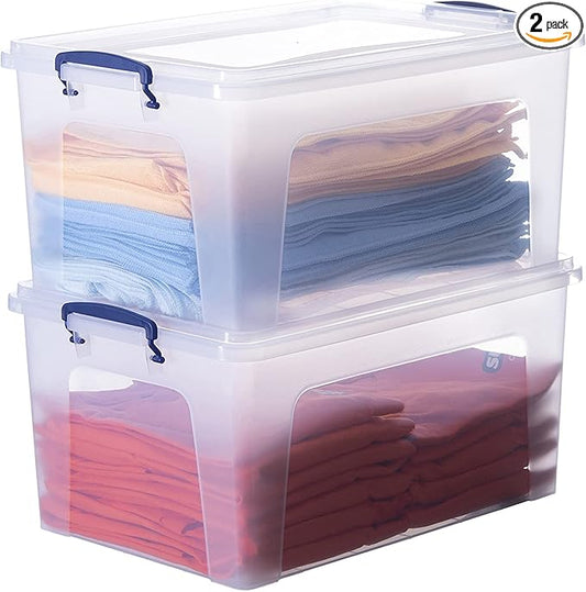 Superio Storage Bins with Lids, Clear Plastic Containers for Organizing, Stackable Totes, BPA Free, Odor Free, Organizer Boxes for Home, and Dorm (2 Pack, 28.5 Qt)