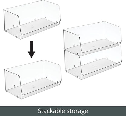 mDesign Modern Stackable Plastic Open Front Dip Extra Large Storage Organizer Bin Basket for Kitchen Organization, Shelf, Cubby, Cabinet, and Pantry Organizing Decor, Ligne Collection - 2 Pack - Clear