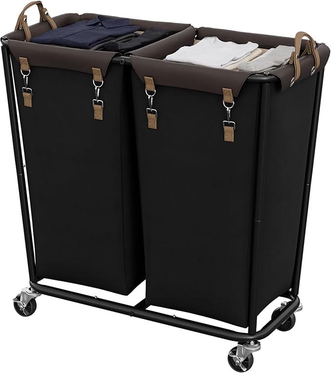 StorageWorks 330L Extra Large Laundry Hamper with Wheels, Laundry Basket with Wheels 2 Sections, Clothes Sorter Cart with Divider for Hotel, Home, Black, 1-Pack