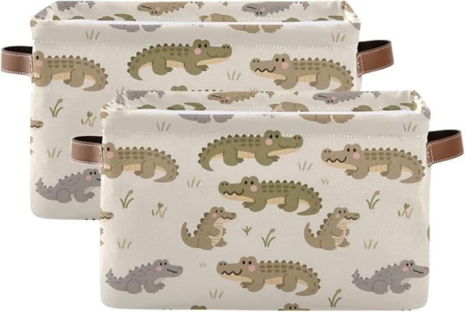 Large Storage Basket Alligator Pattern Storage Bin Cube Canvas Fabric Organizer Handles Collapsible for Clothes Toys Bedroom Decorative