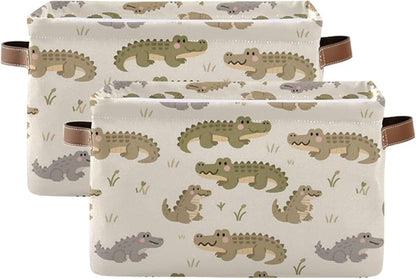 Large Storage Basket Alligator Pattern Storage Bin Cube Canvas Fabric Organizer Handles Collapsible for Clothes Toys Bedroom Decorative