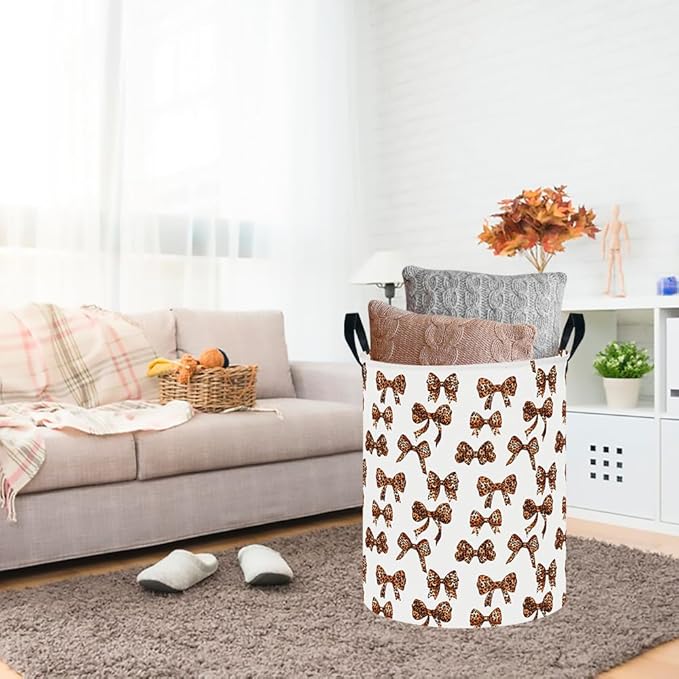 CLOCOR Large Laundry Basket,Waterproof Nursery Hamper,Collapsible Fabric Storage Container,Room Decor,Gift Basket（Leopard Print Bow)