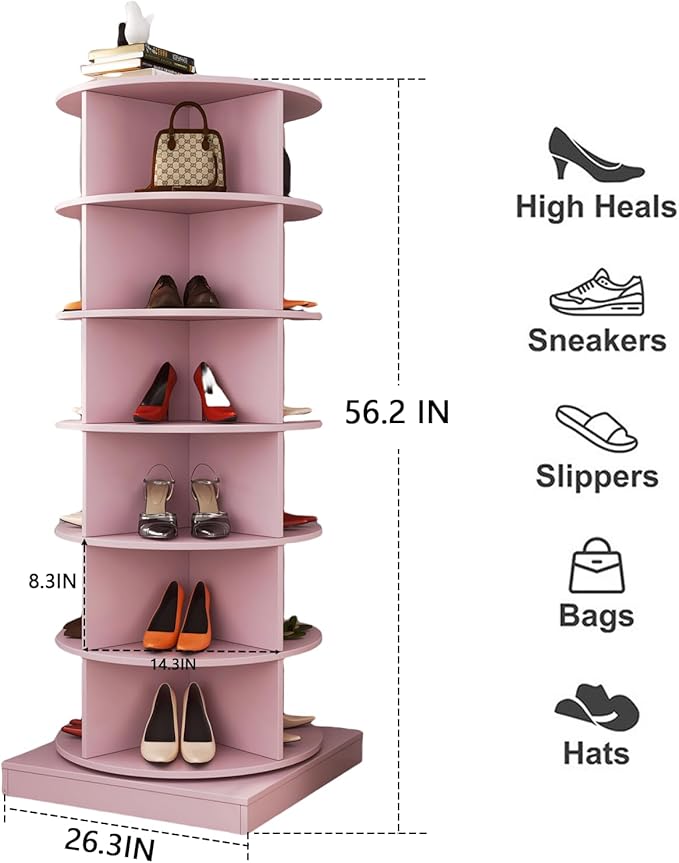 Rotating Shoe Rack Tower, 360-Degree Circular Storage Organizer for Shoes and Handbags, Vertical Space-Saving Cabinet for Entrance Hall, Independent Rotating Shoe Shelf (A-Pink