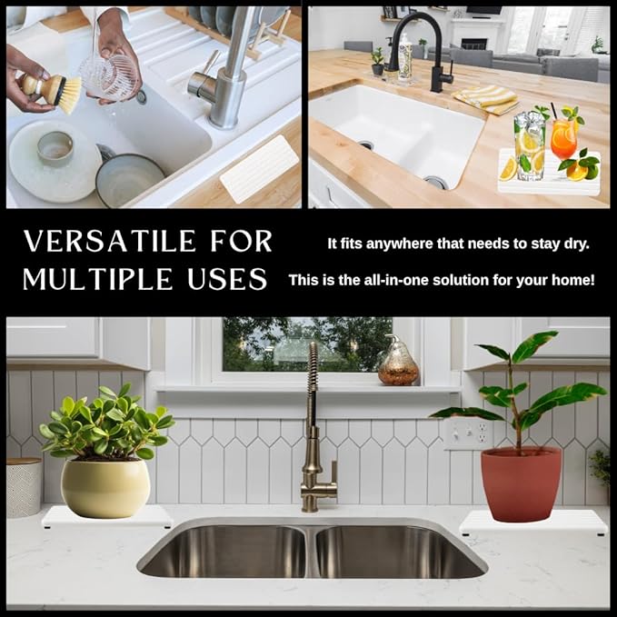 3PCS Water Absorbing Stone Tray, Premium Diatomite Soap Holder & Coaster Mats for Bathroom and Kitchen Sink, Fast Dry Sink Organizer for Countertop with Non-Slip Base, 8.3 x 4 & 4 x 4 Inches, White
