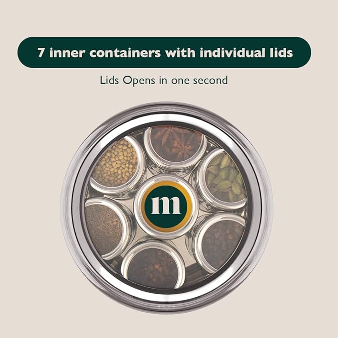 MARU 7 In 1 Stainless Steel Belly Shape Masala Box, Masala Dabba For Kitchen, Spice Box, Masala Dani With See Through Lid 7 Containers And 3 Spoons (Size 11, 18.5Cm) Silver