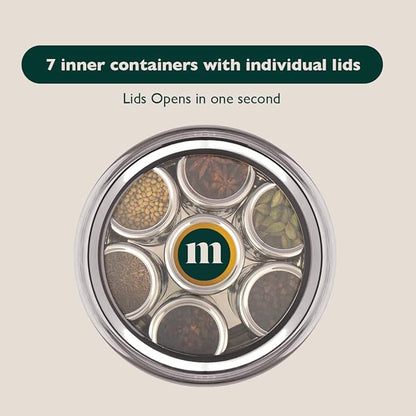 MARU 7 In 1 Stainless Steel Belly Shape Masala Box, Masala Dabba For Kitchen, Spice Box, Masala Dani With See Through Lid 7 Containers And 3 Spoons (Size 11, 18.5Cm) Silver