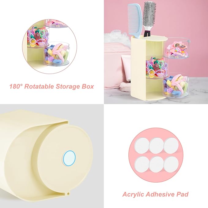 Hair Accessories Organizer with Hair Brush Holder, Rotatable Makeup Brush and Jewelry Storage Box for Hair Clips, Earrings, Necklaces, Bracelets, Rings, and Daily Accessories (Off White,3-Layer)