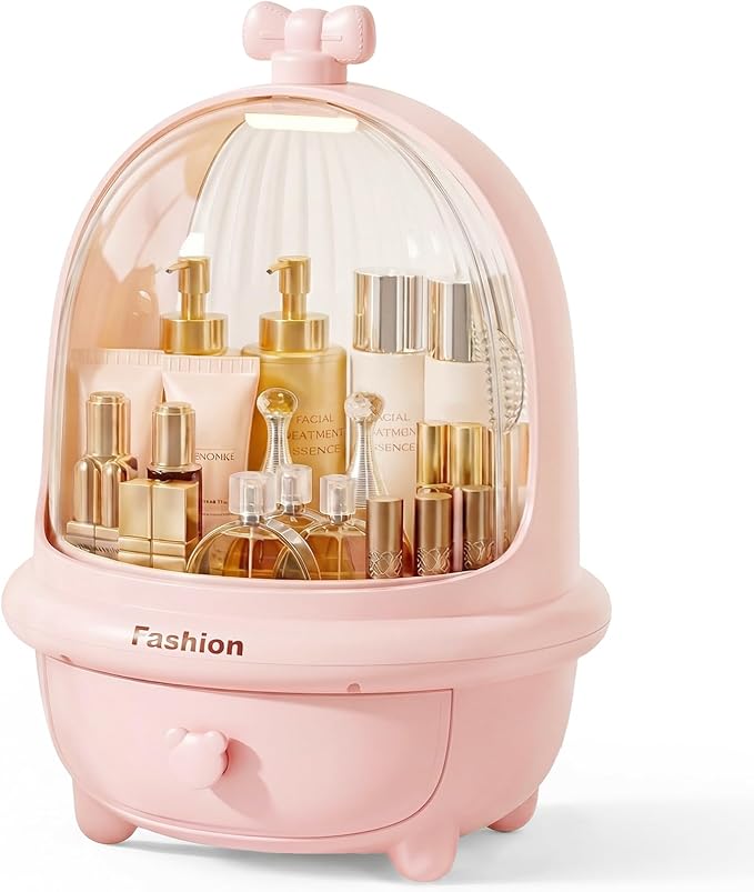 360° Rotating Cosmetic Storage Box,Cute Fashion Makeup Organizer with Drawer,Dustproof Skincare Display Case for Vanity Countertop Bathroom,Ideal Gift for Women（pink）
