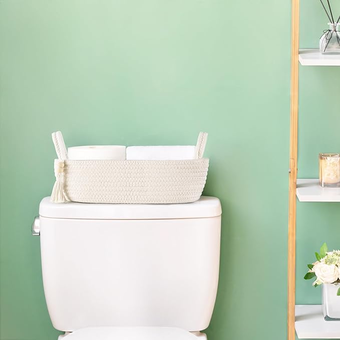 Mkono Small Storage Basket for Toilet Tank Top Boho Bathroom Decor Woven Rope Toilet Paper Tray Organizer for Shelf Bedroom Living Room, White, 1 Pack, 13" L x 6" W