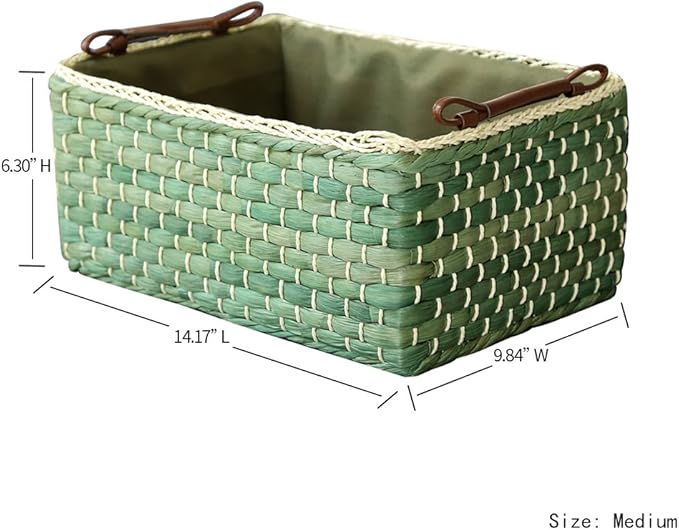 Baskets Woven Maize Straw Storage Bins with Handle (Medium, Green)