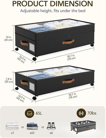 Under Bed Storage with Wheels, 10 inches Under Bed Storage Containers, 65L XXL Large Adjustable Underbed with Lids, Rolling Underbed Storage bins for Shoes, Clothes, Blankets, Black