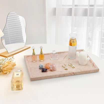 Real Luxurious Natural Marble Tray - 12x8 Inch Marble Vanity Tray for Perfume Display, Jewelry Organizer, Bathroom & Home Decor -Heavy Duty Non-Slip Stone Tray (Non-Resin/Non-Ceramic)（Pink）